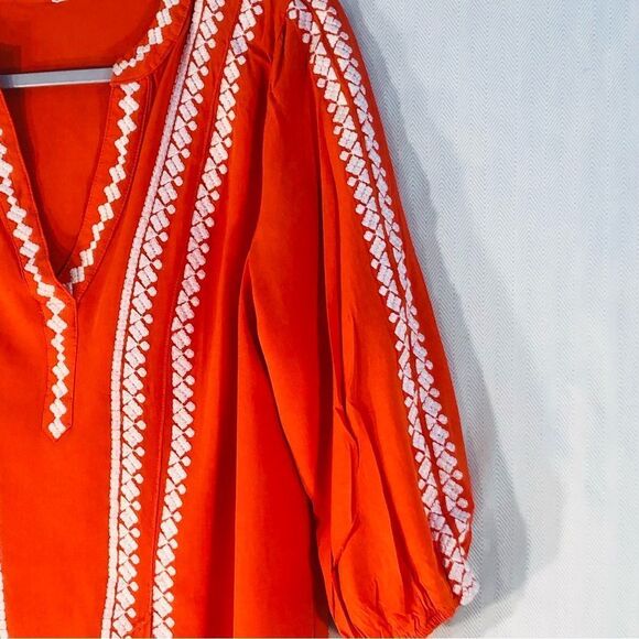 Solitaire Orange Rayon 3/4” Sleeve V Neck Embroidered Top M - Picture 3 of 7